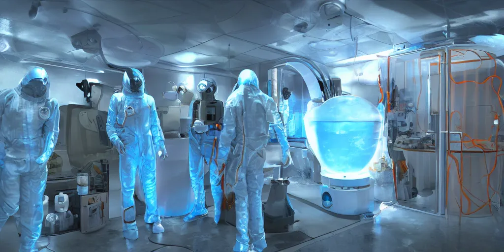 Image similar to team of sci - fi scientists in blue bio - hazard suits research creepy alien in stasis capsule filled water with orange light, high detail, dark environment, volumetric light, unreal engine 5, digital art