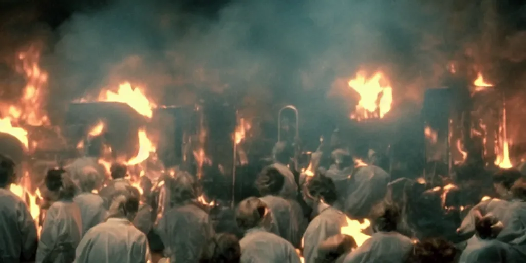 Prompt: filmic closeup dutch angle movie still 4k UHD 35mm film color photograph of a crowd of doctors burning alive inside of a science lab , in the style of a 1980s horror film