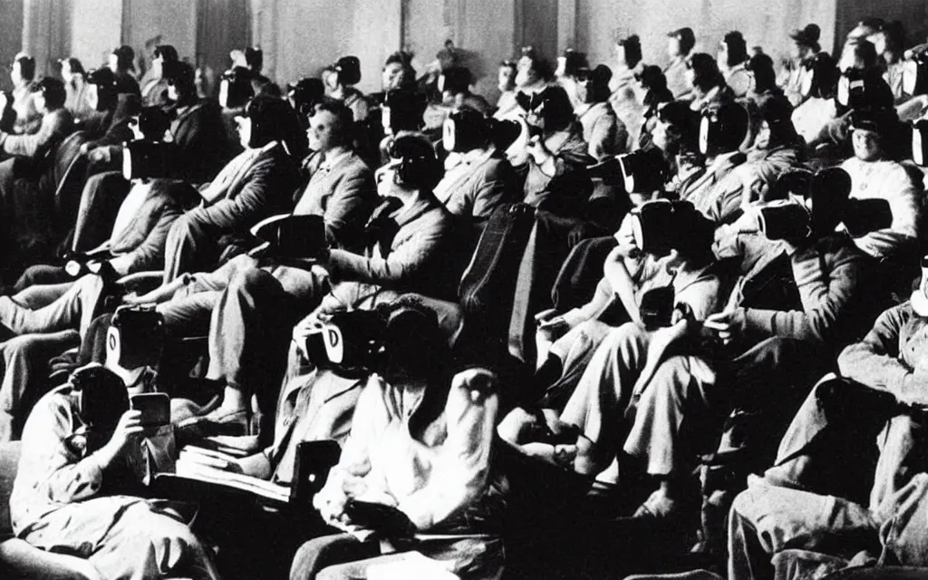 Image similar to 1 9 0 0 s photo of people using iphones ipods virtual reality headsets vr watching hd tv in a movie theater