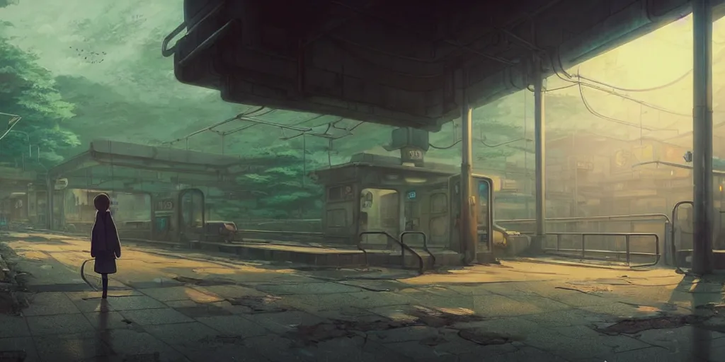 Prompt: a wholesome animation key shot of a post apocalyptic subway station, covered by nature hipster vibes by studio ghibli, animation, sharp, rendered in unreal engine 5, focused, anime key art by greg rutkowski, bloom, dramatic lighting