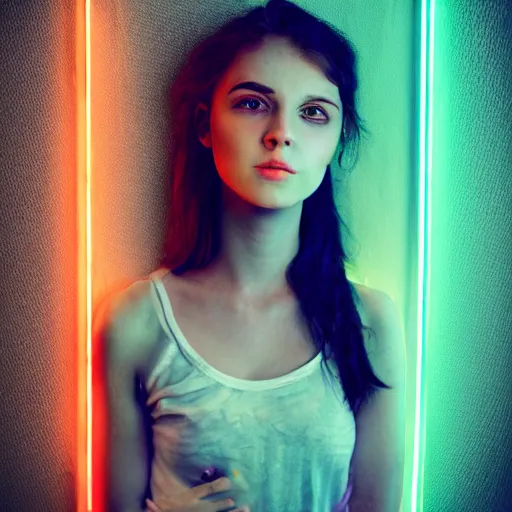 Image similar to realistic fantasy portrait of sad girl in neon light