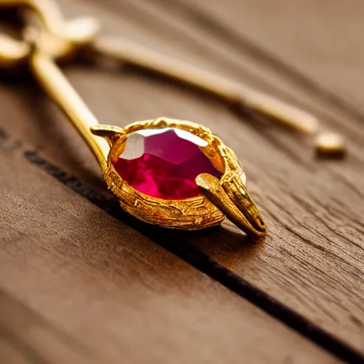 Image similar to macro shot of an intricately detailed golden hanger with an embedded ruby gem, lying on a oak table indoors, sunlit day, f 1. 4
