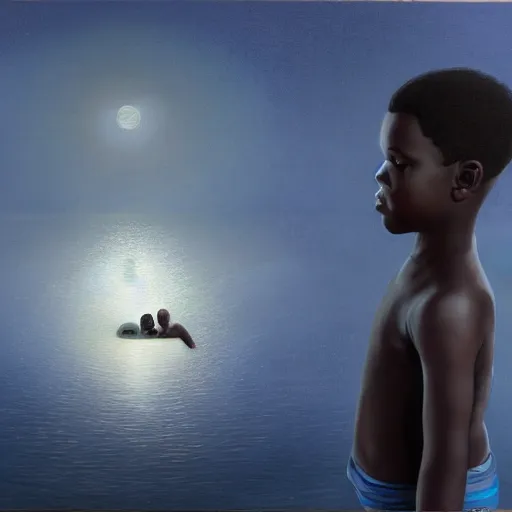 Prompt: a retro realistic illustration of a ghost!!! shining in a lake while a black kid! stares at it with a florest! in the background, realistic, volumetric light, detailed oilpainting by Pauline Baynes, trending on artstation.