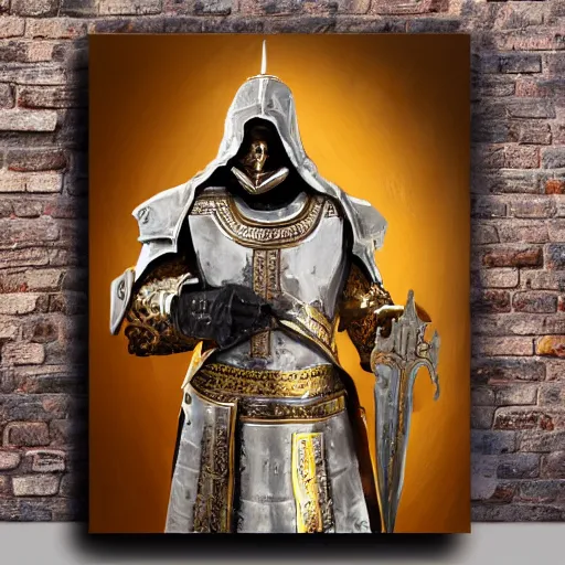 Image similar to man in white and decorated with gold doom slayer baroque style armor with kingdom of jerusalem and templar knight insignia oil painting