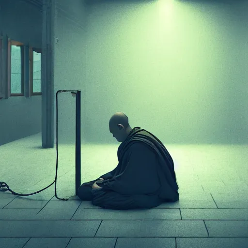 Image similar to a single monk kneeling with wires connecting him to a computer, nirvana, machines and wires everywhere, flashing neon lights, creepy, dark shadowy surroundings, dystopian scifi, horror, stefan koidl inspired, 4 k