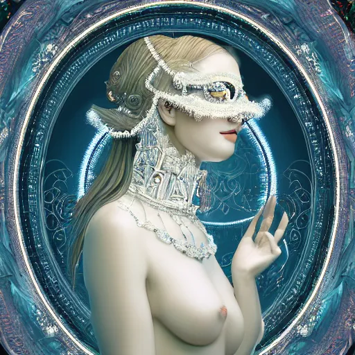 Prompt: highly detailed digital painting of a beautiful goddess by wlop, bright light emerging from her eyes, wearing venetian woman mask, sculpted in white opalescent marble, with lots of thin ornaments, disolving with a luminous background, curves and chaotic fractal art inlays, intricate, 8 k, white box, cinematic light, high aperture, background atmospheric effects