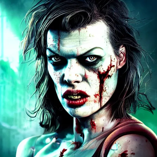 Image similar to angry zombie portrait of milla jovovich, a urban city background, grimdark horror, stylized digital illustration, radiating a glowing aura, global illumination, ray tracing, hdr, fanart arstation by ian pesty and katarzyna bek - chmiel