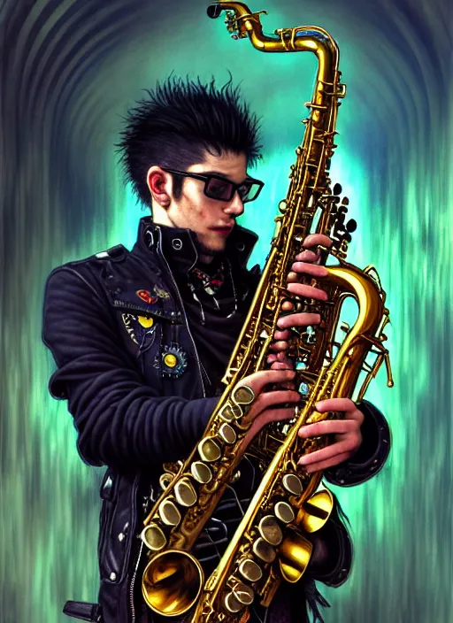 Image similar to portrait of a punk man playing sax, warhammer 40000, cyberpunk, intricate, highly detailed, digital painting, artstation, concept art, smooth, sharp focus, illustration, art by Amano and Karol_Bak and artgerm and greg rutkowski and alphonse mucha and Gustav Klimt and Kojima