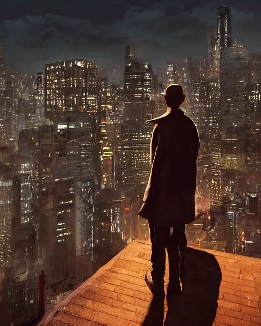 Prompt: a night rooftop scene, light from traffic in the city below, close up shot of a gangster wearing a streetwear trench coat looking at the city below, unreal engine, hyper realism, realistic shading, cinematic composition, realistic render, octane render, detailed textures, photorealistic, in the style of Liam Wong and Makoto Shinkai
