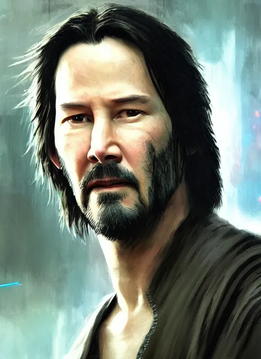 Image similar to close - up keanu reeves as a jedi holding a lightsaber, greg rutkowski, 8 k, shallow depth of field, intricate detail, concept art,