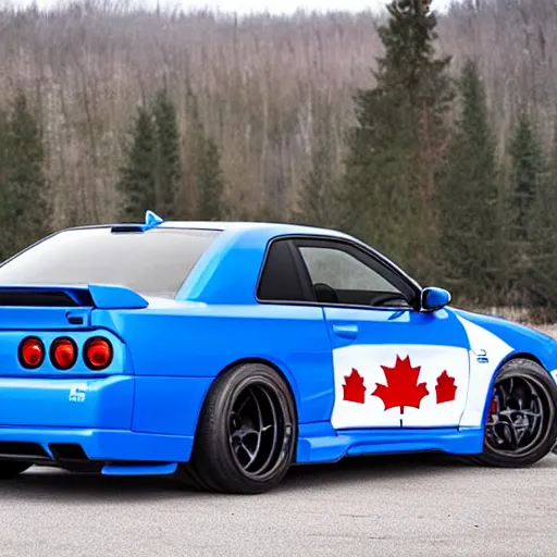 Prompt: electric blue R34 skyline Canadian flag