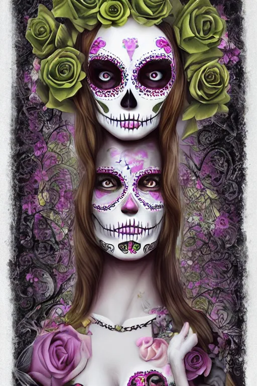 Image similar to illustration of a sugar skull day of the dead girl, art by natalie shau