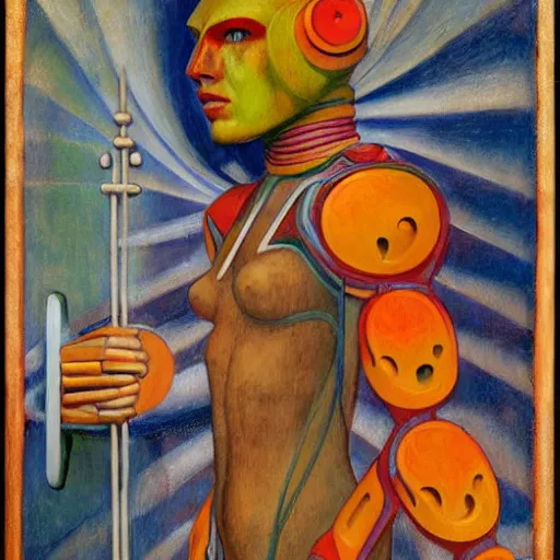 Prompt: portrait of a robot shaman, by annie swynnerton and edward hopper and diego rivera and jean delville and rufino tamayo and evelyn de morgan, art deco shaman, stylized geometric flowers, art brut, outsider art, symbolist, dramatic lighting, god rays, clean crisp graphics, smooth sharp focus, extremely detailed, adolf wolfli