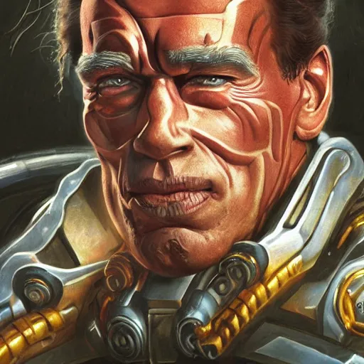 Prompt: A cyborg Arnold Schwarzenegger as the tyrant emperor of the universe. Trending on ArtStation. A vibrant digital oil painting. A highly detailed fantasy character illustration by Wayne Reynolds and Charles Monet and Gustave Dore and Carl Critchlow and Bram Sels