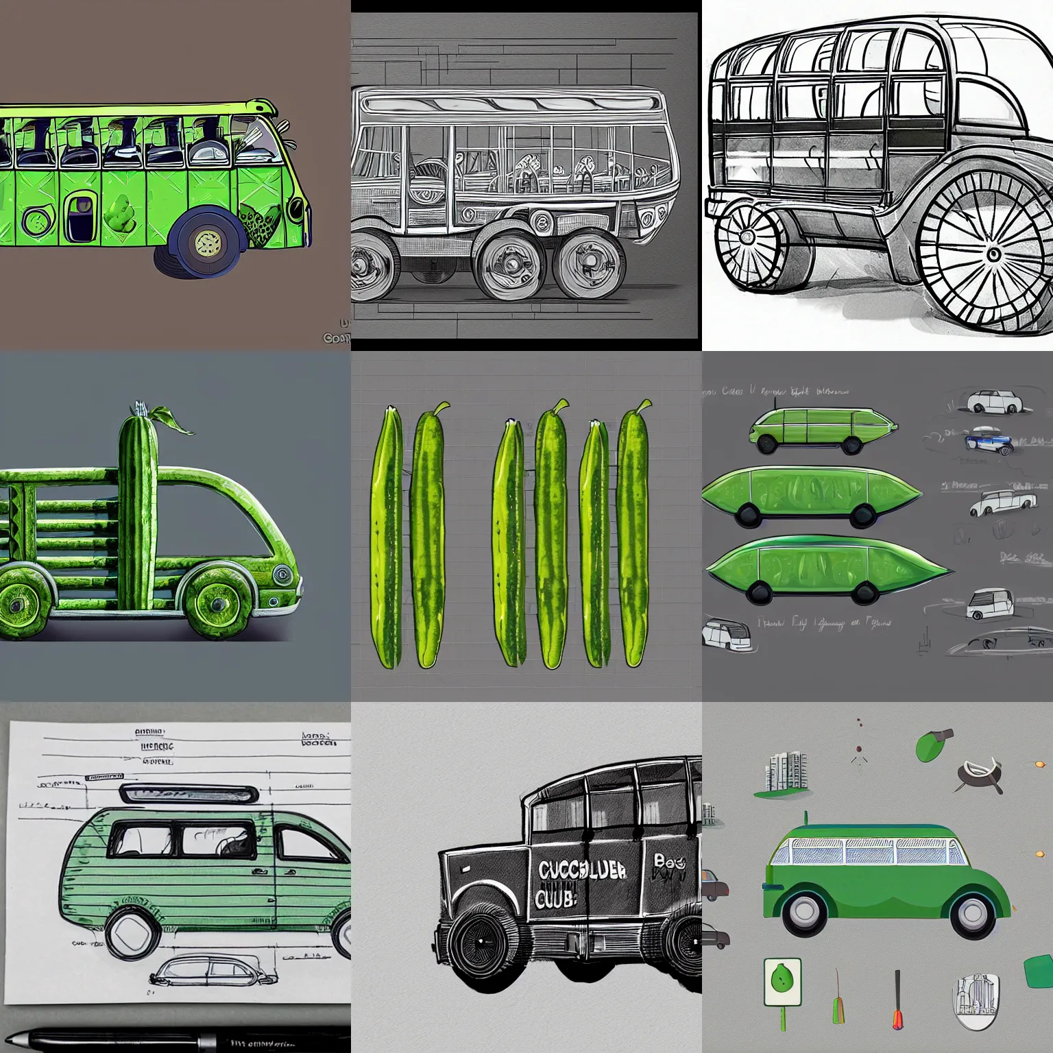 Prompt: cucumber vehicule, transportation, car, bus, highway, city, concept art, plan, blueprint