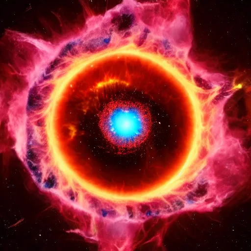 Prompt: supernova explosion is attracted by a black hole : : centrifugal force : : dragon eye, hyper detailed, cristal clear reflexions : : sculpy, golden and imperial blue palette colors 8 k