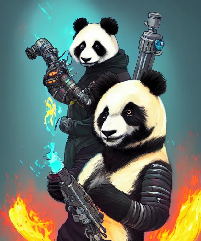 Prompt: a portrait of a cyberpunk panda holding a flamethrower, fantasy, elegant, digital painting, artstation, concept art, matte, sharp focus, illustration, art by josan gonzalez