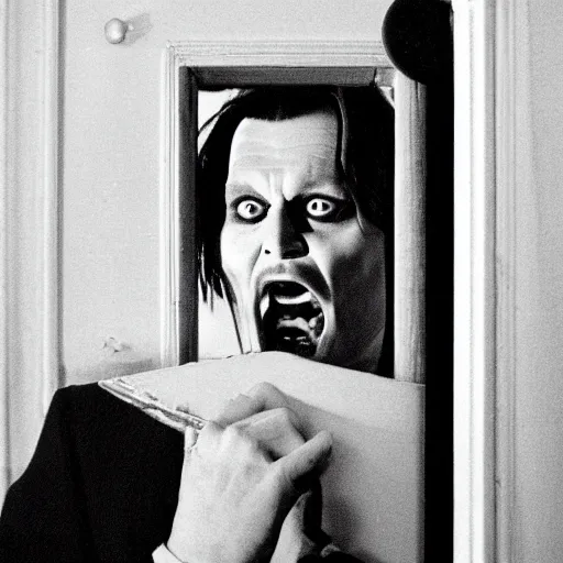 Prompt: Johnny Depp as Jack Torrance in Shining looking through the hole in the door,