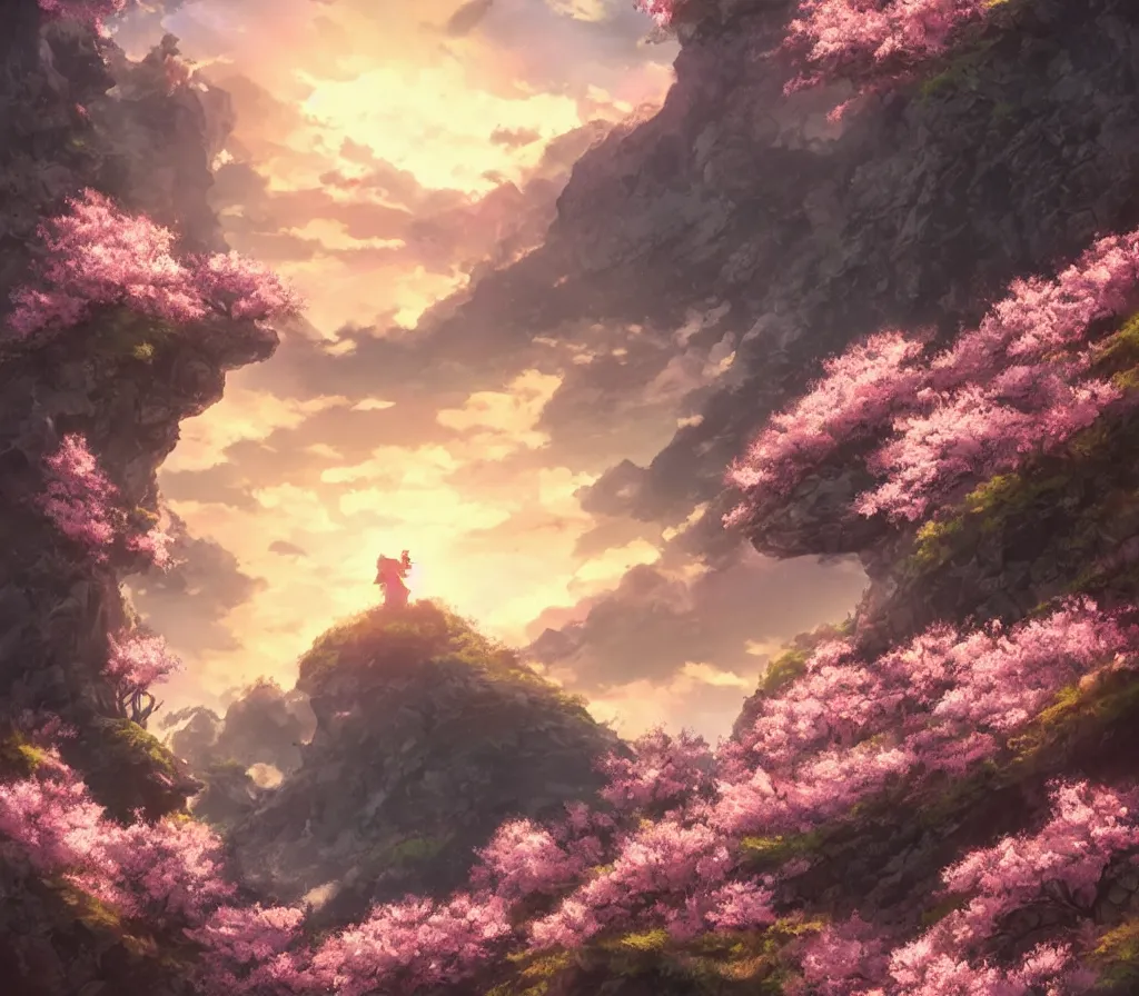 Prompt: sakura blossom in the mountains, stunning, extraordinary, made in abyss style, epic sunset, detailed, dynamic scene