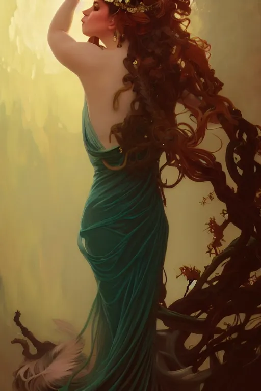 Image similar to ombre velvet gown, beautiful elegant dryad, beautiful face with soft features by leyendecker, long hair, feathers, dozens of jeweled necklaces, by greg rutkowski, brom, anato finnstark, alphonse mucha, oil painting, highly detailed, cinematic lighting, unreal,