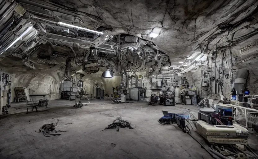 Image similar to a digital photo showing the inner working of an alien workshop, taken in a secret underground military base. alien grey. top secret. dumb. deep underground military base. 4 k