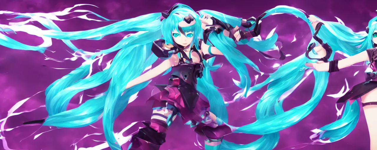 Image similar to Hatsune Miku splash art as a League of Legends character, Riot Games, digital art