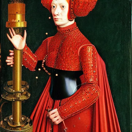 Prompt: a portrait of cyborg princess connected to a man-machine interface by Jan van Eyck, renaissance style