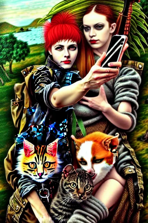 Image similar to punk rock girls making selfie with cats in jungle , mad max jacket, post apocalyptic, renaissance, oil painting like Leonardo Da Vinci, hyper realistic style, fantasy by Olga Fedorova,