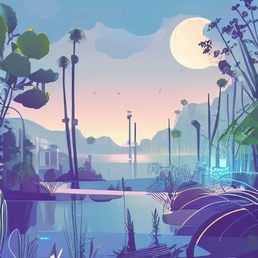 Image similar to beautiful happy picturesque charming organic futuristic sci - fi town in harmony with nature. water and plants. beautiful light. grainy and rough. soft colour scheme. beautiful artistic vector graphic design art by lurid. ( 2 0 2 2 )