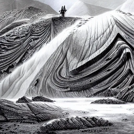 Image similar to A large picturesque mountain with a river flowing between them by HR Giger
