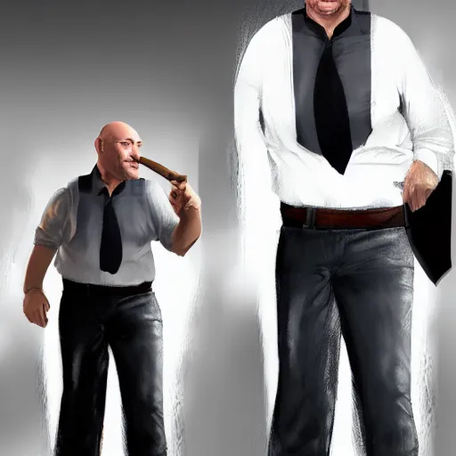 Image similar to a midage italian male, beardless, bald, short black hair with gel, overweight, fine white shirt, leather belt, black pants, leather shoes, smoking a cigar, full body, gta v style, concept art, highly detailed, hyper realistic, unreal engine