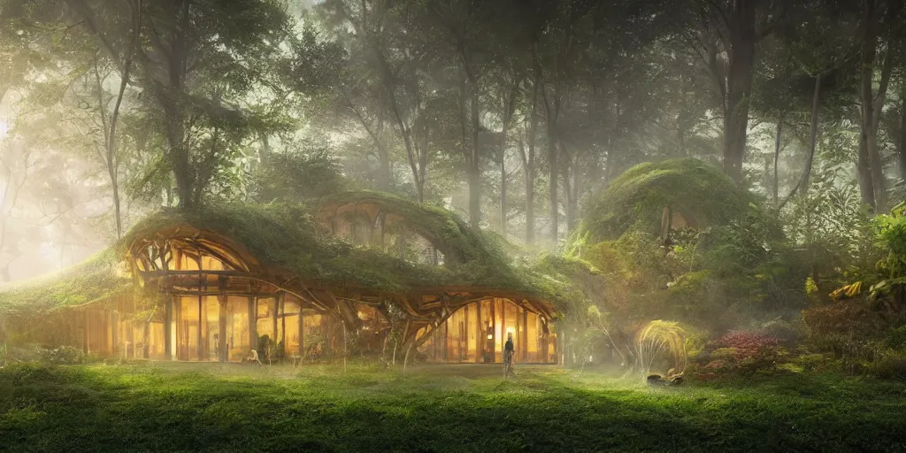 Prompt: beautiful organic house made of imaginary plants in a forest, architectural render, futuresynth, chillwave, by Gabriel Dawe, by Skottie Young, by Jessica Rossier, vegetal architecture, by moebius, by Isaac Cordal, night, mist, lights, junglepunk, blender, trending on artstation