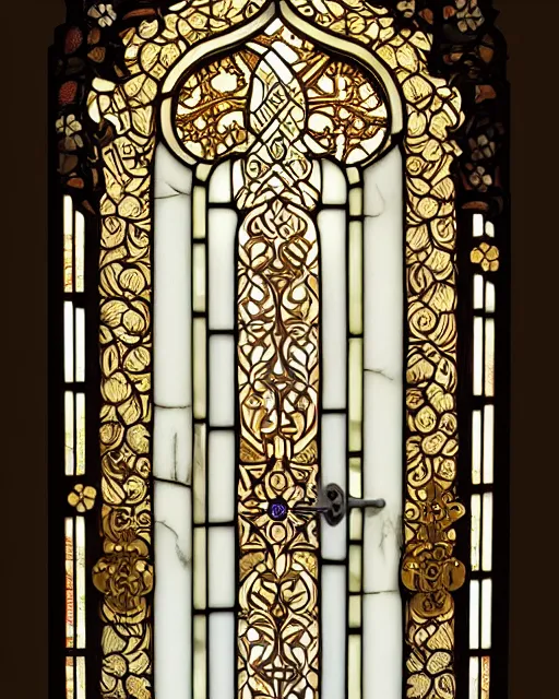 Prompt: stained - glass door with intricate carved ivory rococo gilded design, oriental art, artstation, leiji matsumoto, sylvain sarrailh