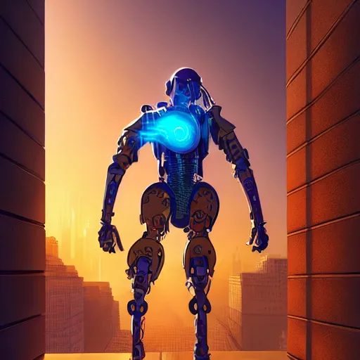 Image similar to ninja cyborg mechanical exoskeleton designed by jony ive, in cybercity, golden hour, poster by michael whelan and gilbert williams and evgeny lushpin and artgerm and alena aenami, 3 0 mm, well proportioned, highly detailed, rule of thirds, long exposure