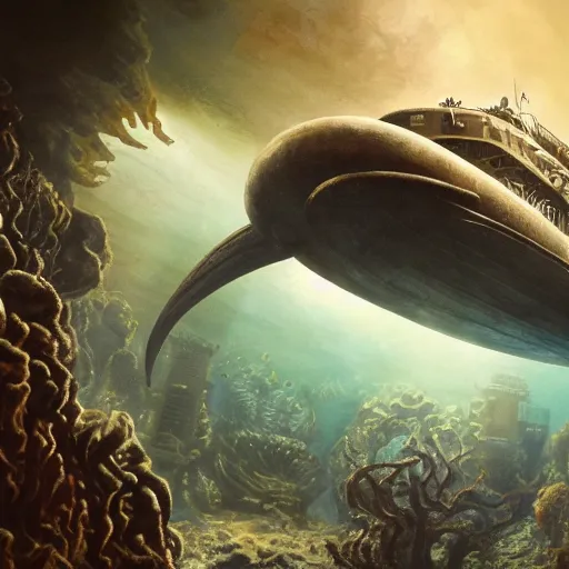 Image similar to 2 0, 0 0 0 leagues under the sea, artstation hall of fame gallery, editors choice, # 1 digital painting of all time, most beautiful image ever created, emotionally evocative, greatest art ever made, lifetime achievement magnum opus masterpiece, the most amazing breathtaking image with the deepest message ever painted, a thing of beauty beyond imagination or words