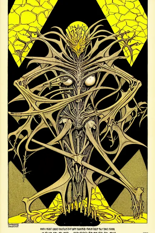 Prompt: black and yellow flat color, mucha, richard corben, wayne barlowe, moebius, heavy metal comic cover art, psychedelic triangular skeletal calcification fungus lich in darkiron spike armor, full body, hollow eyes, symmetrical face, long black crown, in a dungeon background, moody dark colors