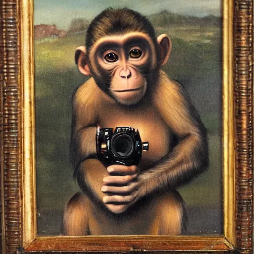 Prompt: Portrait of a monkey holding a camera, oil painting