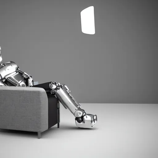 Image similar to futuristic lonely matte gray and glossy white humanoid robot with big comically sad LED eyes and open rectangular mouth sits facing to the left, reading a hardbound leather book on a large comfortable cushioned vintage recliner. Cinematic Lighting, Cinematic Movie Photograph, Arri Alexa, Extremely Detailed, smooth, very very clean, simple, 8K, octane render, maya render, unreal engine, trending on artstation, DSLR