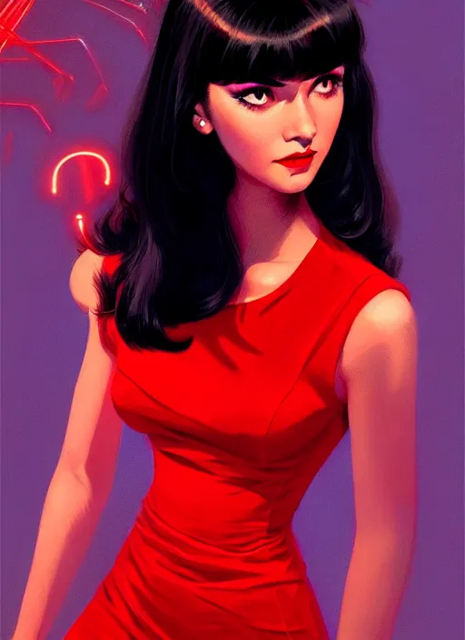 Image similar to portrait of veronica lodge with bangs, 1 9 6 0 s, long hair, red clothes, bangs, intricate, elegant, glowing lights, highly detailed, digital painting, artstation, concept art, smooth, sharp focus, illustration, art by wlop, mars ravelo and greg rutkowski