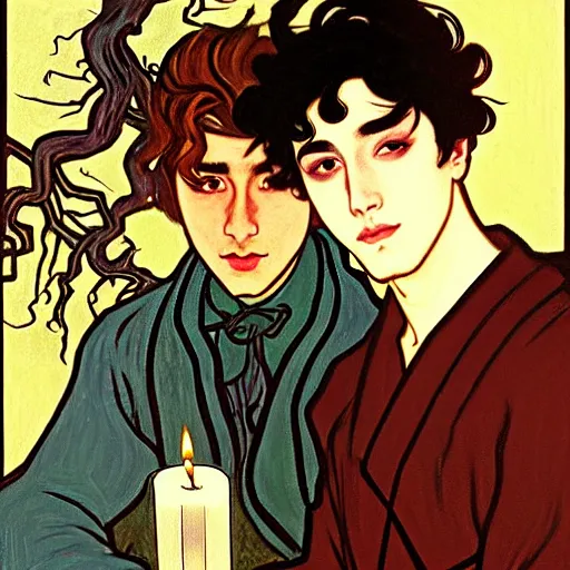 Image similar to painting of young cute handsome beautiful dark medium wavy hair man in his 2 0 s named shadow taehyung and cute handsome beautiful min - jun together at the halloween party, bubbling cauldron, candles, smoke, tarot, autumn colors, elegant, stylized, soft facial features, delicate facial features, art by alphonse mucha, vincent van gogh, egon schiele