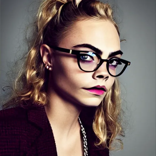 Prompt: portrait of beautiful cara delevingne with a 1 9 9 0's rachel hairstyle and stylish glasses by mario testino, headshot, detailed, award winning, sony a 7 r