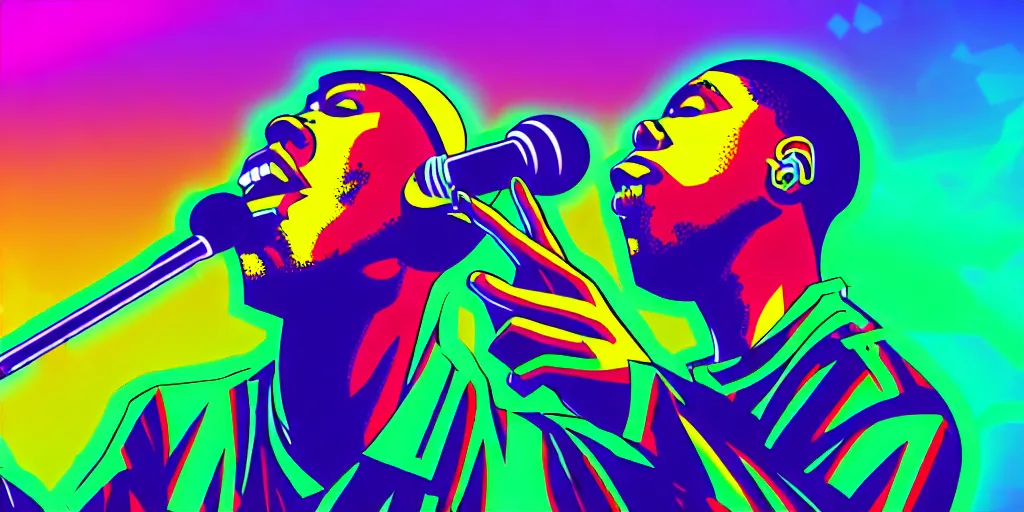 Image similar to rapper performing at huge festival holding microphone, epic angle, digital art, vaporwave, psychedelic, surreal, hip hop, trending on Artstation, professional artist, detailed, 4k