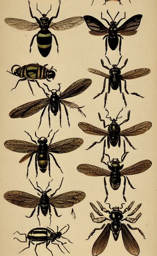 Image similar to a page of insects illustrations, 1 9 0 0 s, highly detailded