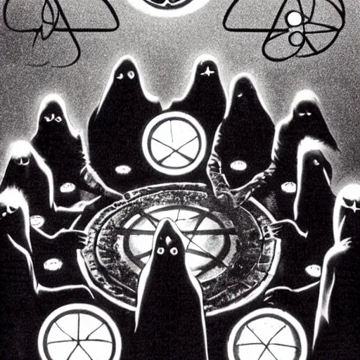 Image similar to 1 9 8 0's sci - fi movie still, a group of sinister evil raccoons wearing dark evil cult robes perform an evil ritual standing in a circle around a piece of pizza on top of a pentagram, dramatic candlelight