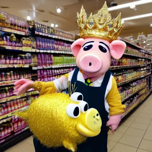 Prompt: cute pig wearing a gold crown as a Muppet 8k shopping at a grocery store