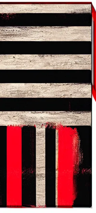 Prompt: canvas coated with red paint, black stripes, matte paint, text rubber stamped