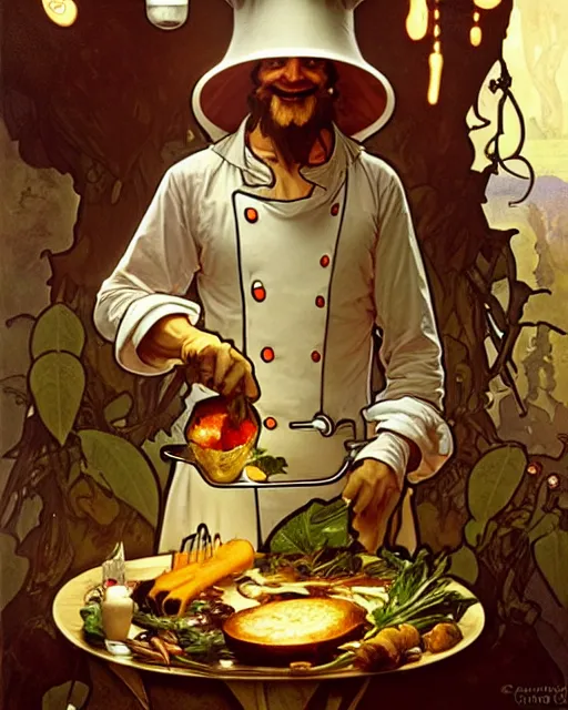 Image similar to an anthropomorphic mushroom chef cooking a meal, art by greg rutkowski and alphonse mucha