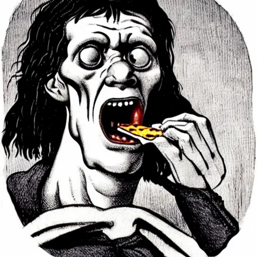 Image similar to frankenstein eating a slice of pizza with his mouth wide open