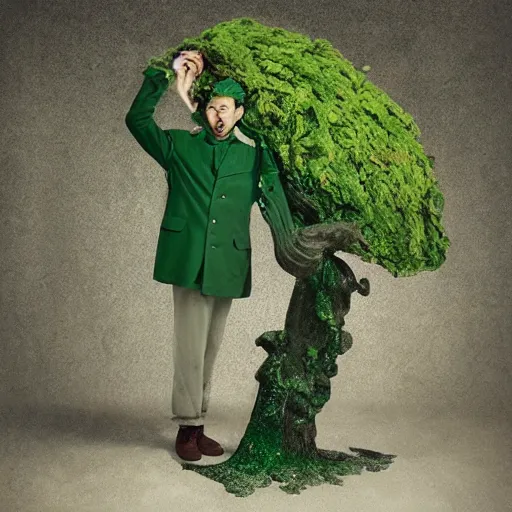 Prompt: a man in a green jacket with a tree on top of his head, a surrealist sculpture by kim keever, behance, pop surrealism, surrealist, dystopian art, whimsical