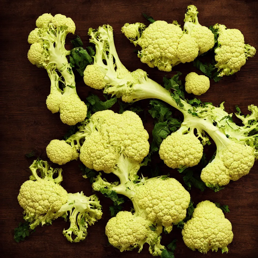 Image similar to large fractal of cauliflowers roots, over vivid dark wood table, precise, symmetrical, geometrical. food photography. super detailed. masterpiece